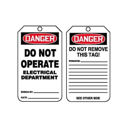 Accuform Safety Tags, DANGER DO NOT OPERATE ELECTRICAL DEPARTMENT, 5.75in x 3.25in, RP-Plastic, 25PK MDT202PTP